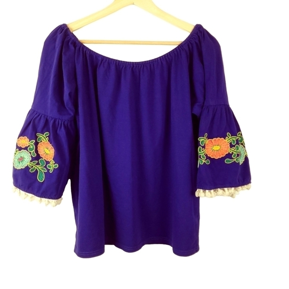 UMGEE M Boho Peasant Top Tassels Flower‎ Stitched Embroidery Blue Bell Sleeves - Picture 1 of 11
